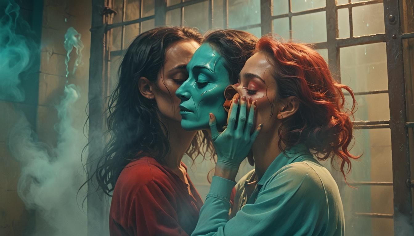 Alien Embrace: Surreal Kiss in Prison Cell