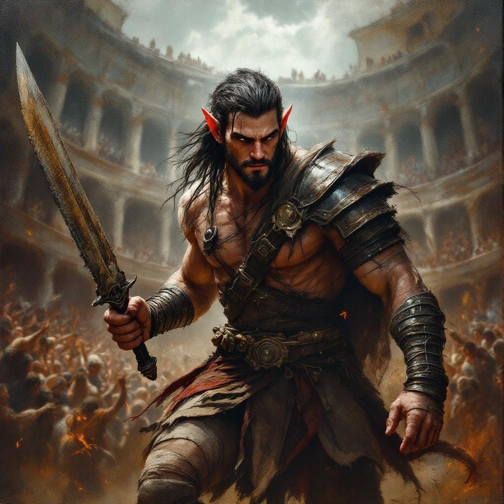 Elf Gladiator Stalks Through Coliseum: Dramatic Lighting
