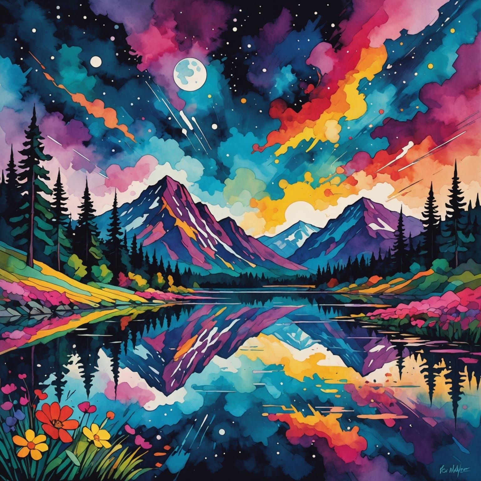 Mountain Lake Reflecting Nebula in Watercolor Style