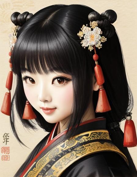 Cute Girl in Tang Dynasty Style Ink Painting