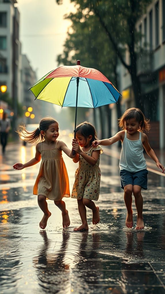 Children Dancing in Rain as Sunlight Breaks Through