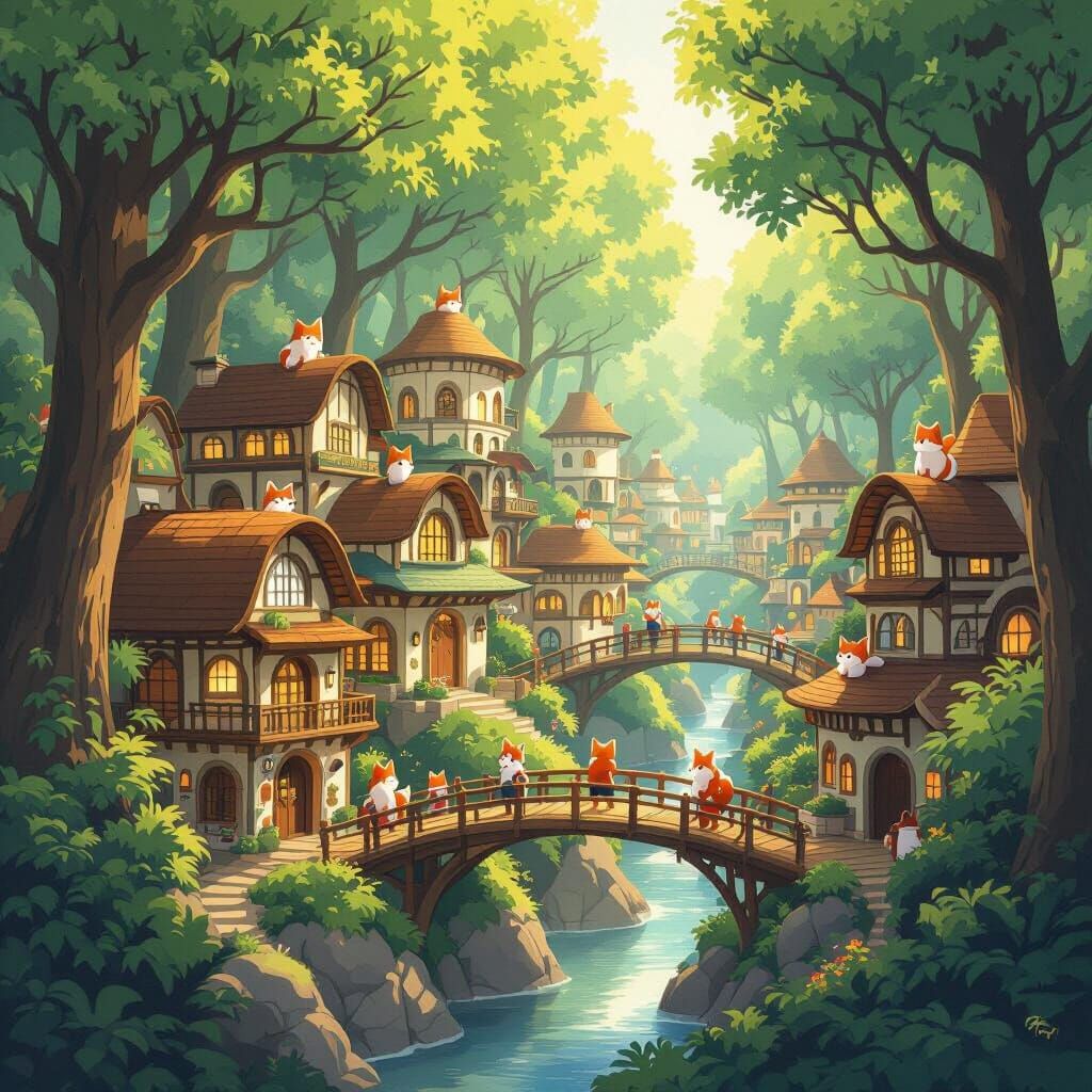 Fox-Human Village in Lush Forest, Anime Style