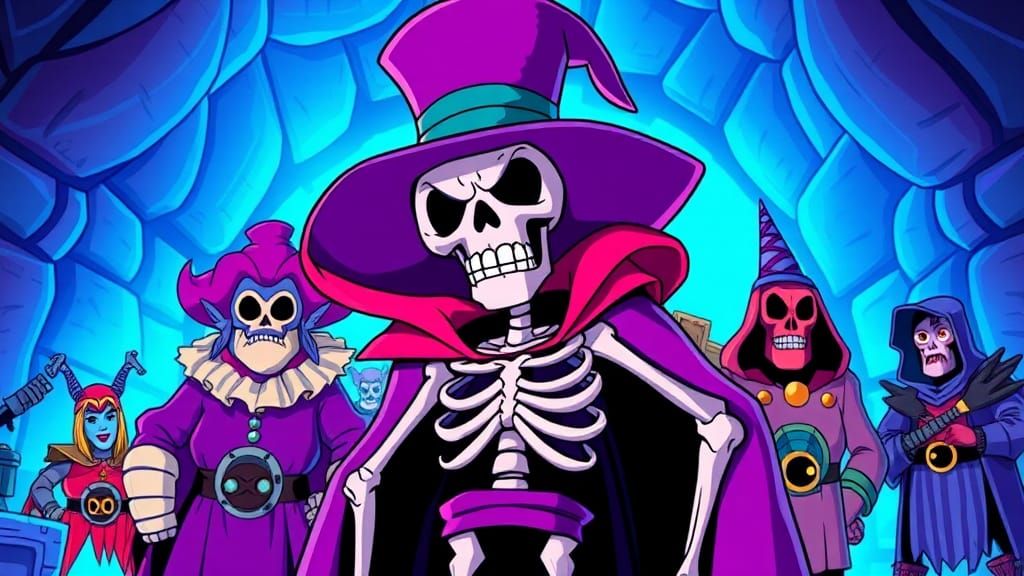 Flustered Skeleton Boss in 80s Cartoon Style