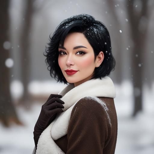 Smirking Woman in Fur Clothing with Snow