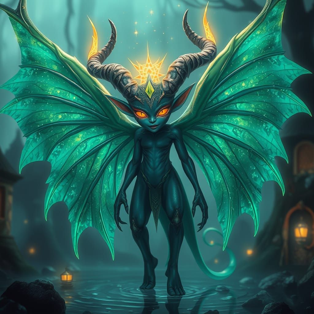Maleficient Fae with Emerald Wings in Celestial Glow