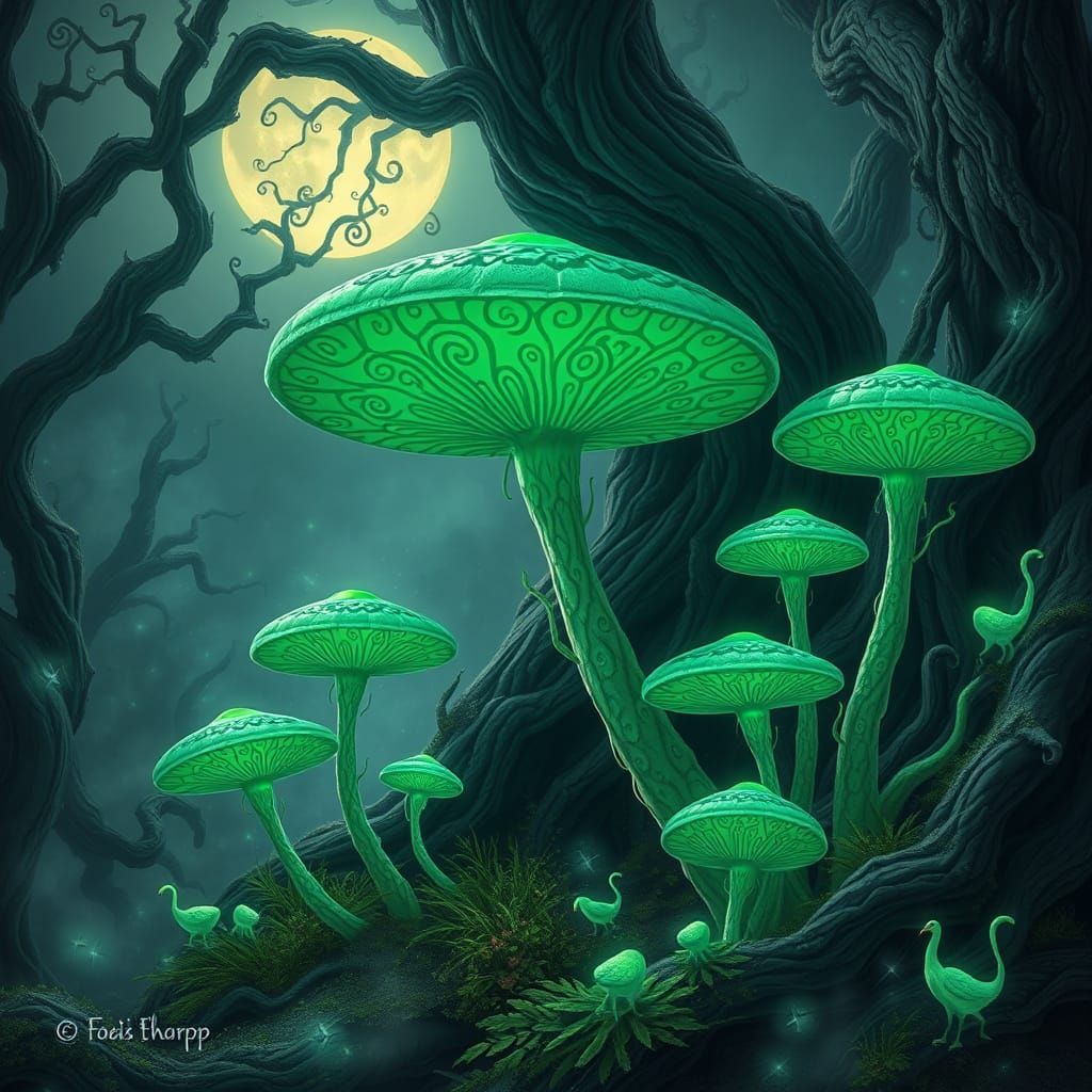 Mystical Emerald Mushrooms Bloom in Moonlit Forest