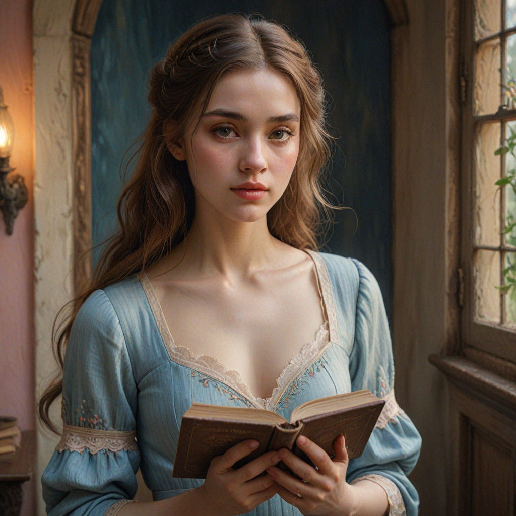 Elegant Young Woman in a Pre-Raphaelite Oil Painting