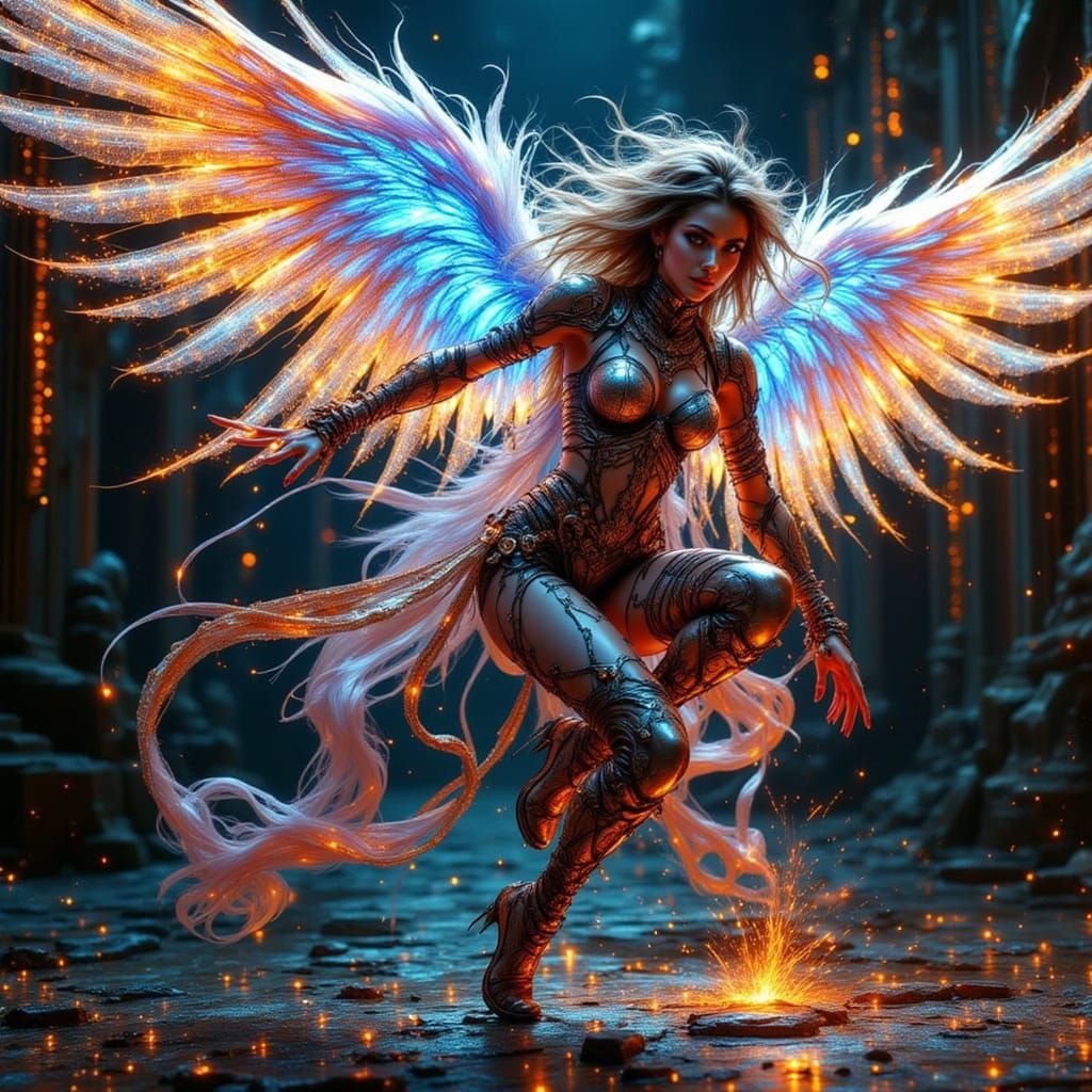 Winged Cyber Angel Breakdancing in Steampunk Style