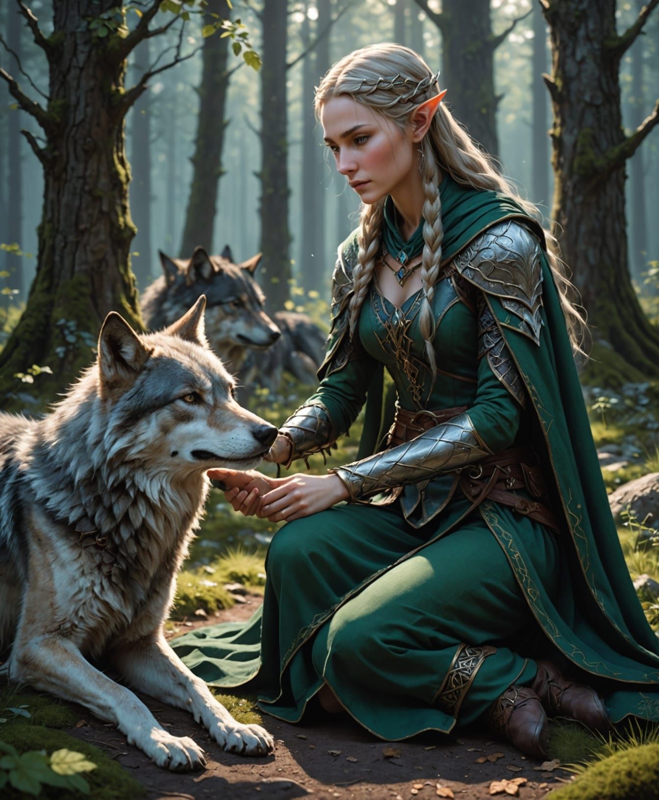 Elven maiden caring for a wolf