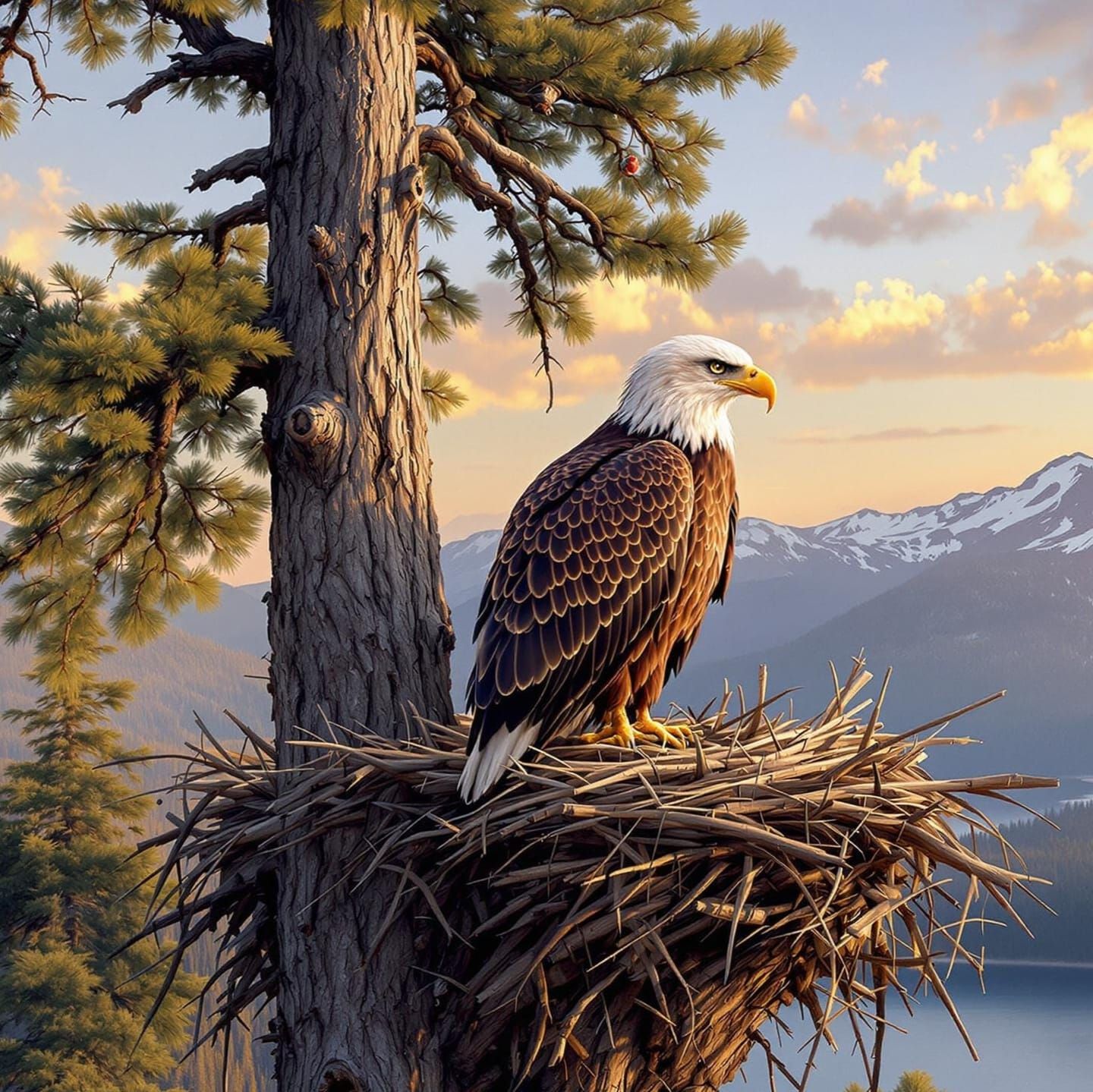 Bald Eagle Perched in Majestic Pine Tree Nest at Sunset