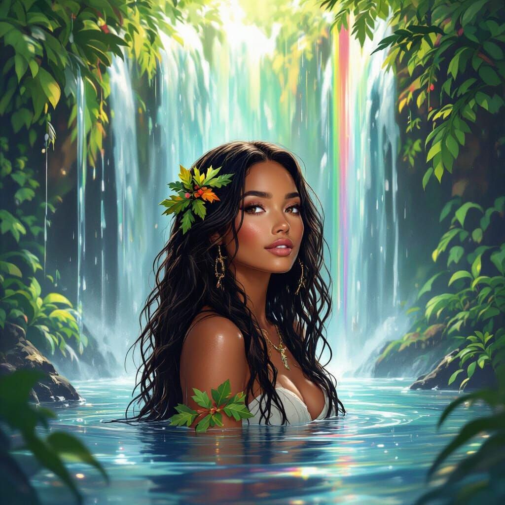 Rainbow Waterfall Scene with Woman in Dreamy Style
