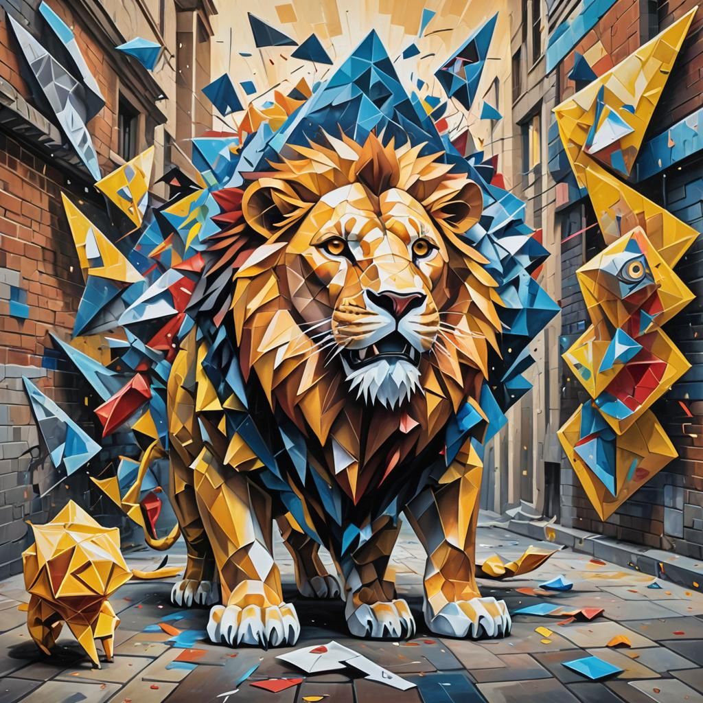 Lion vs Pokemon Cubist Painting in Neo-Cubism Style