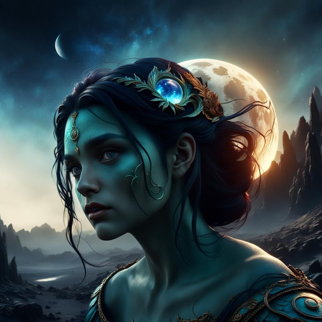 Amazon Woman Walks on Moon, Earth in Background