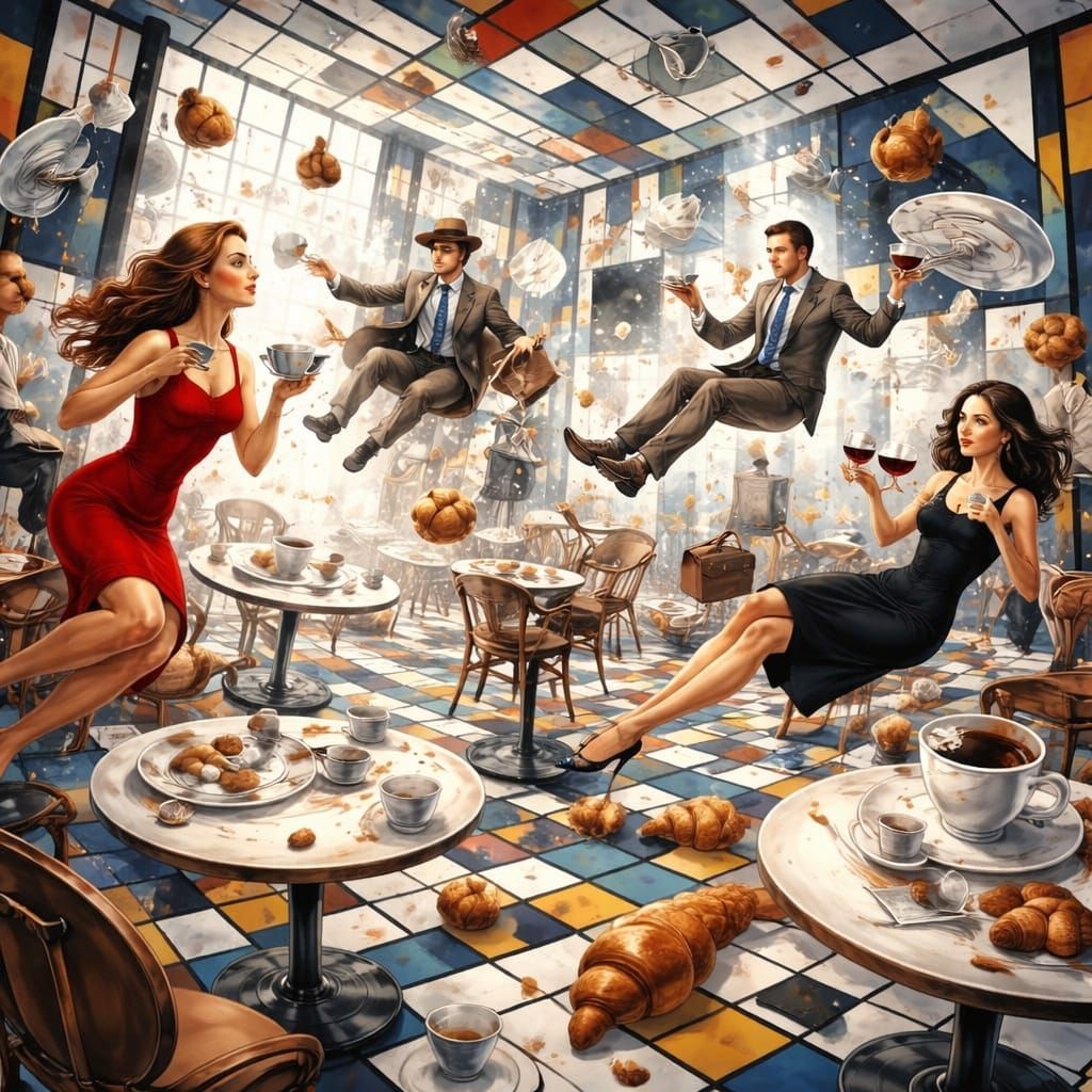 Surreal, Piet Mondrian, Modigliani, MC Escher. People in a cafe floating around as if in zero gravity. Cups, plates, gla...