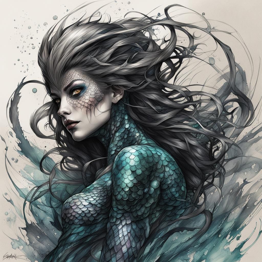 Mermaid Symbiote: Digital Matte Colored Pencil Sketch