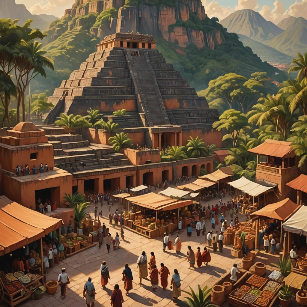 Bustling Mayan Market with Temple and Granite Mountain
