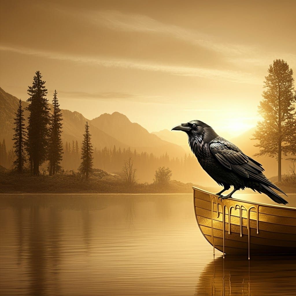 Golden Raven on a Boat at Sunset