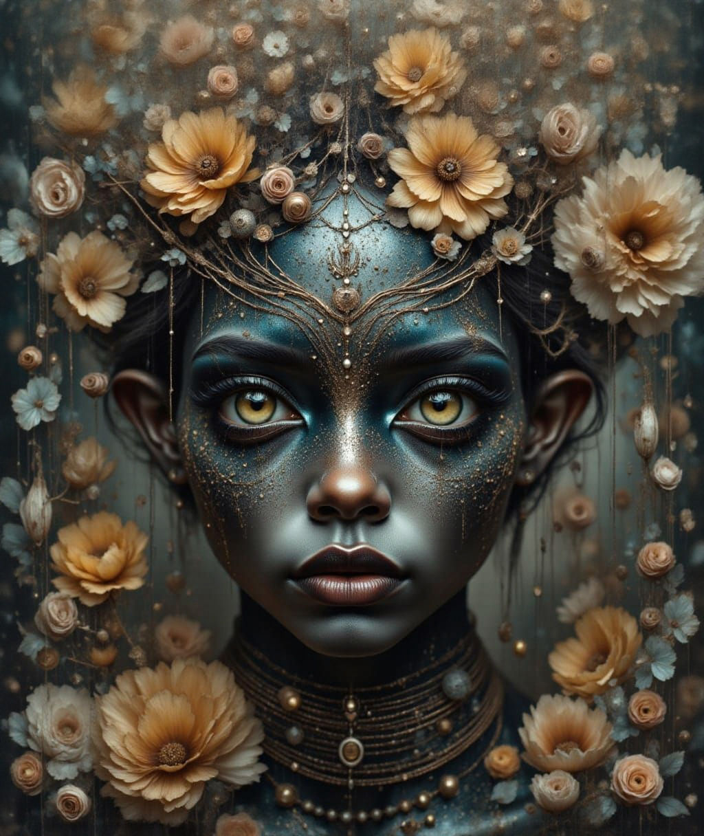 Metallic Alien Portrait with Flowers and Intense Eyes