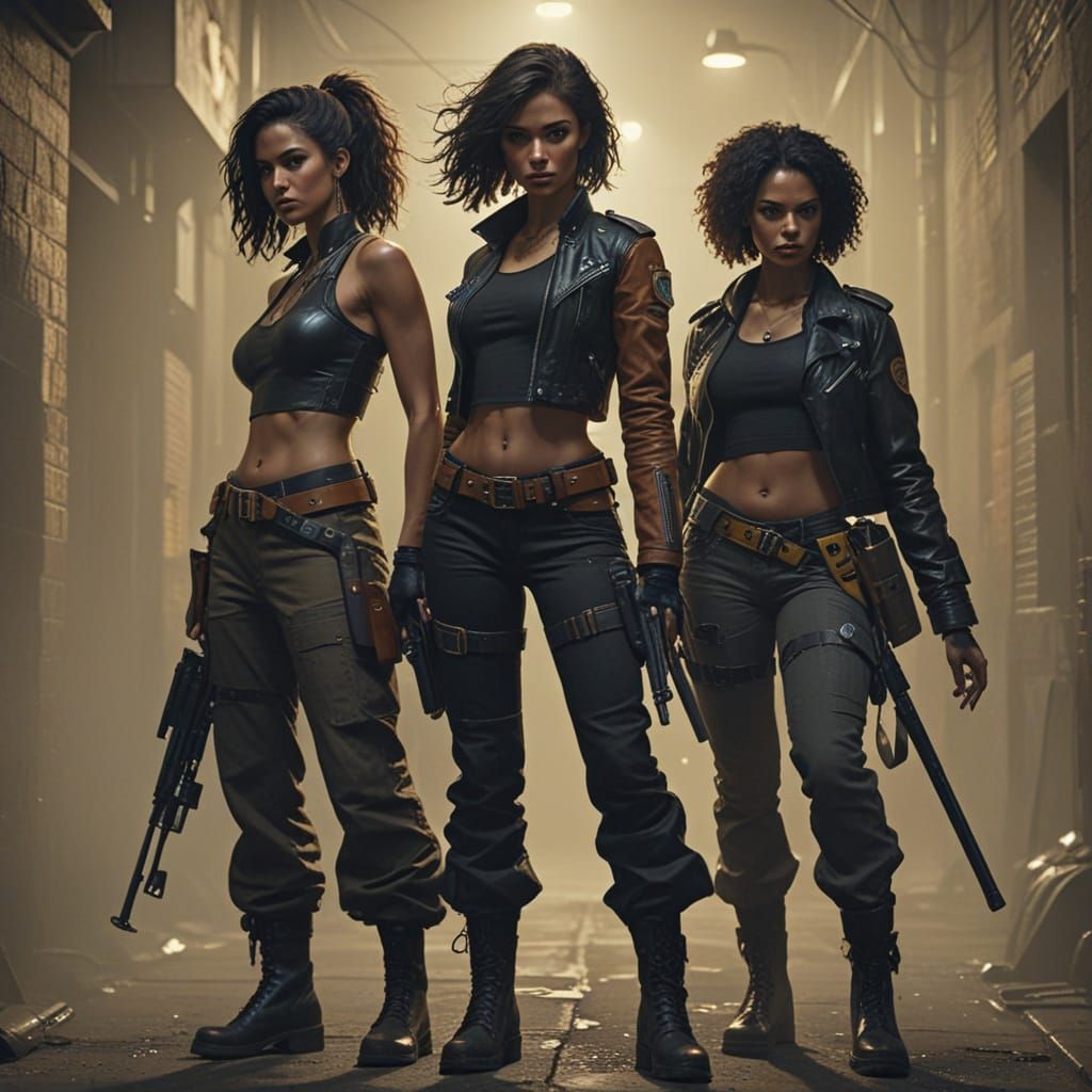 Three Women Adventurers Stand Ready in a Gritty, High-Contra...