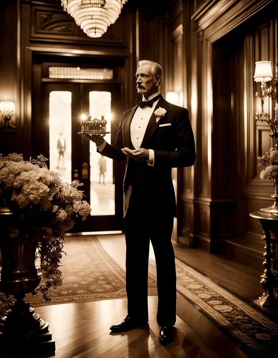 Hyperrealistic Robot Butler Greets Guests: Sepia Polaroid