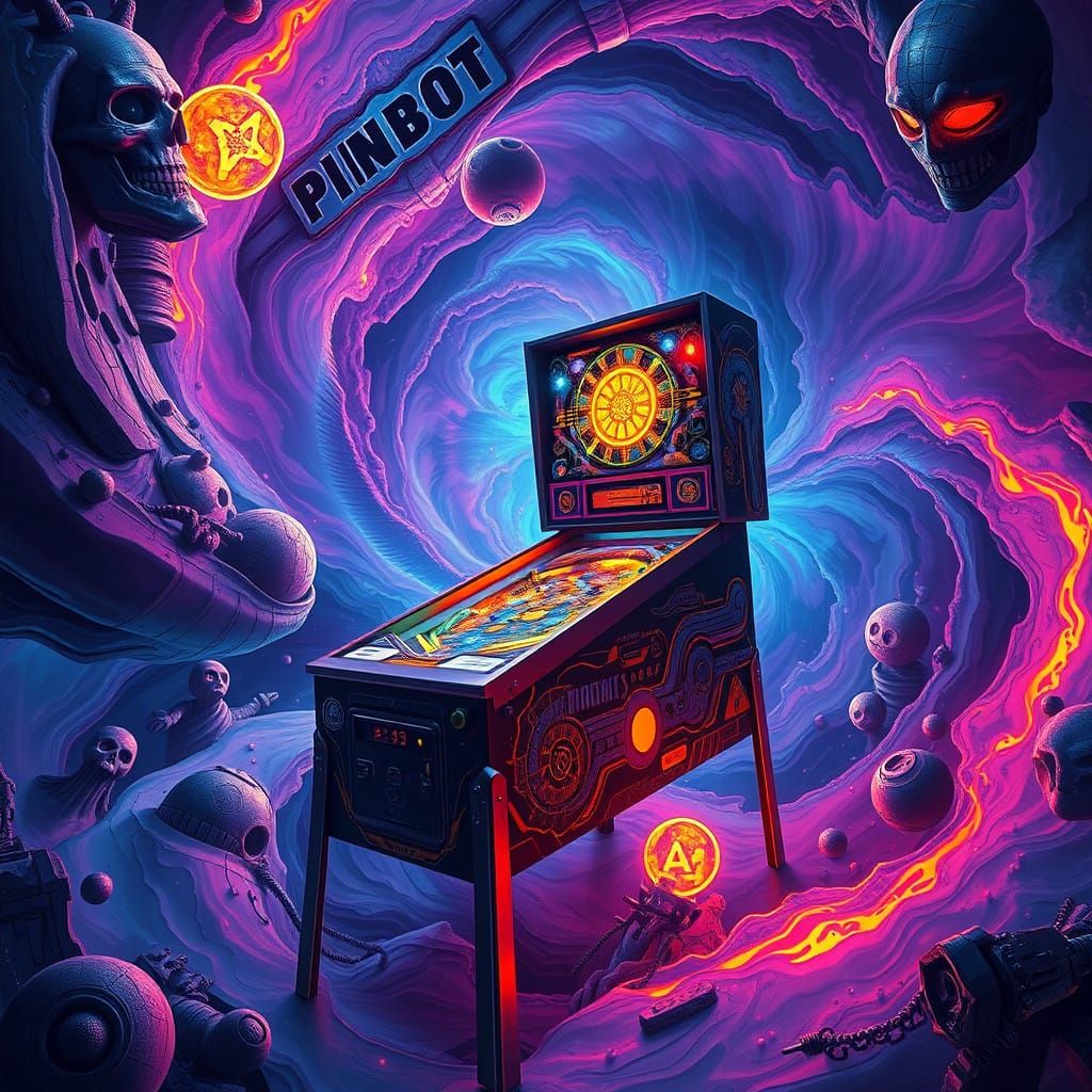 Intricately Detailed Pinball Machine in Vibrant Fantasy Sett...