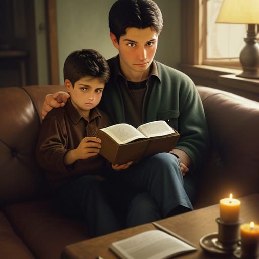 Boys Reading by Shabbos Candles in Photorealistic Style