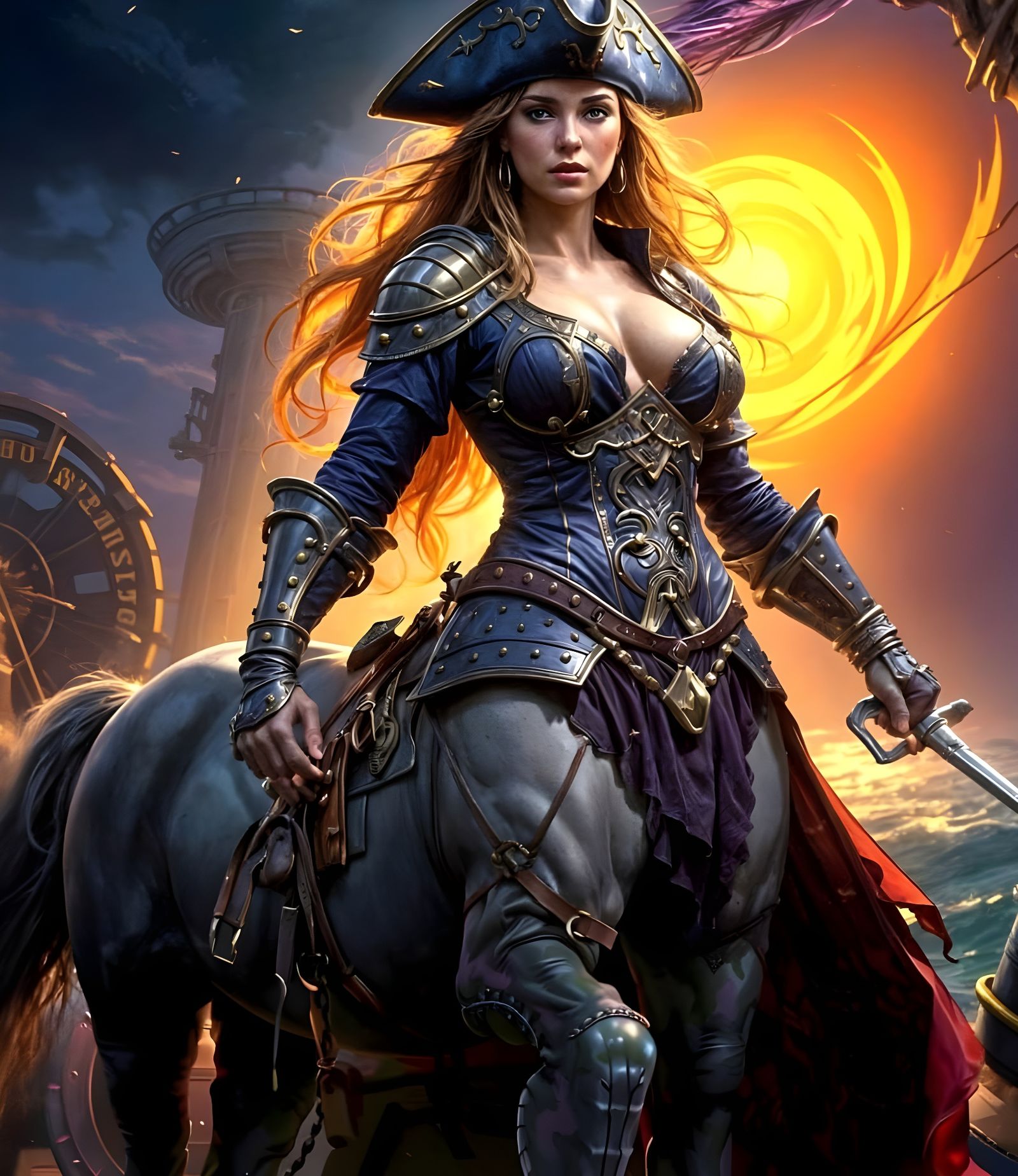 Centaur Pirate Sword Fight on Galleon, Oil Painting