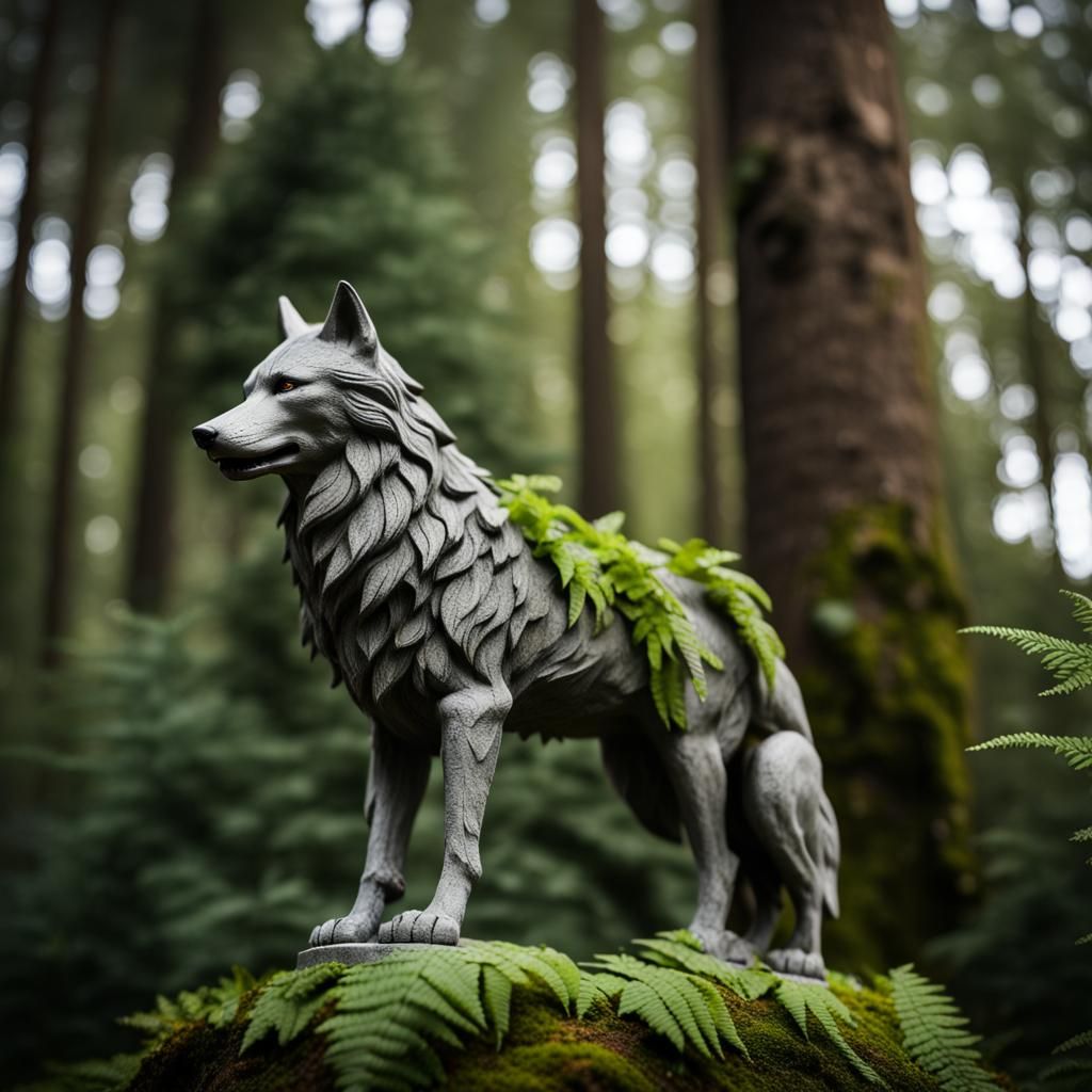 Wolf Statue in Ancient Forest, Natural Lighting