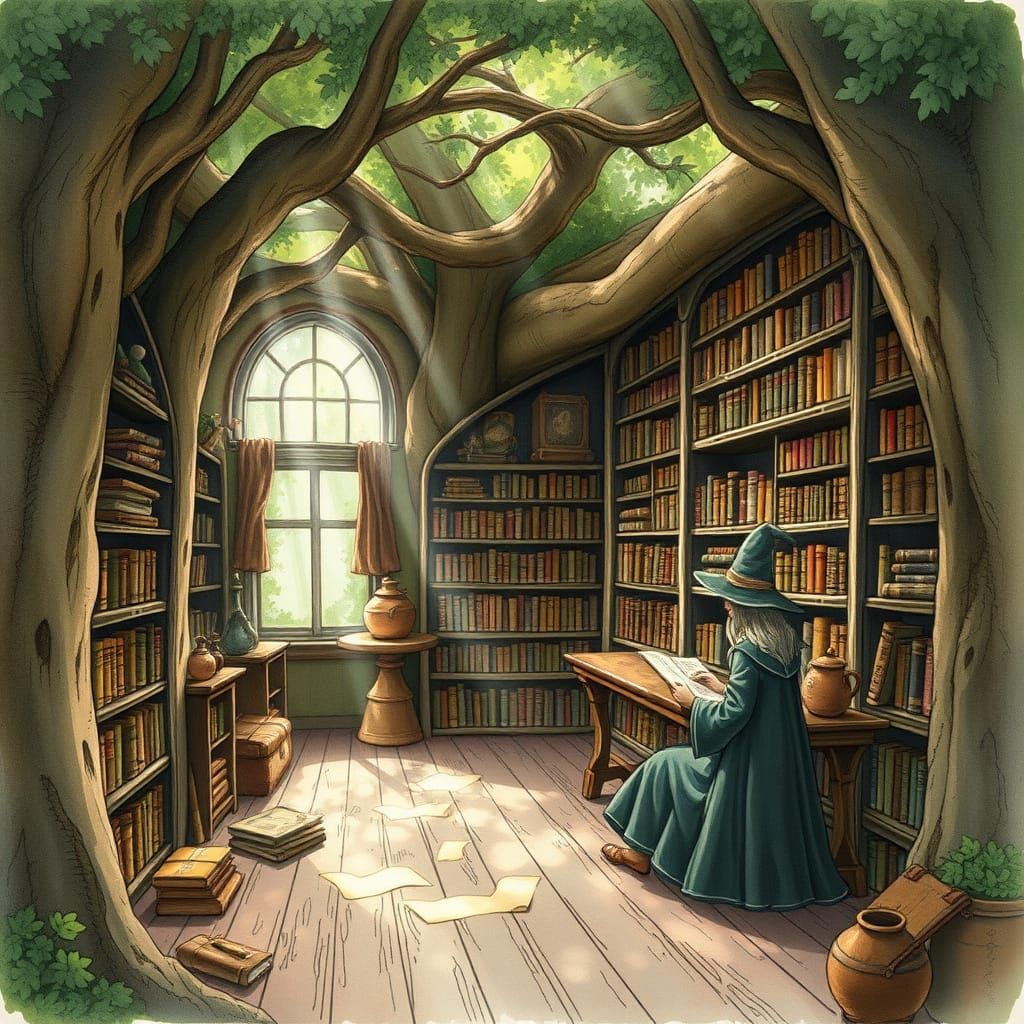 Enchanted Forest Library with Witch in Watercolor Style
