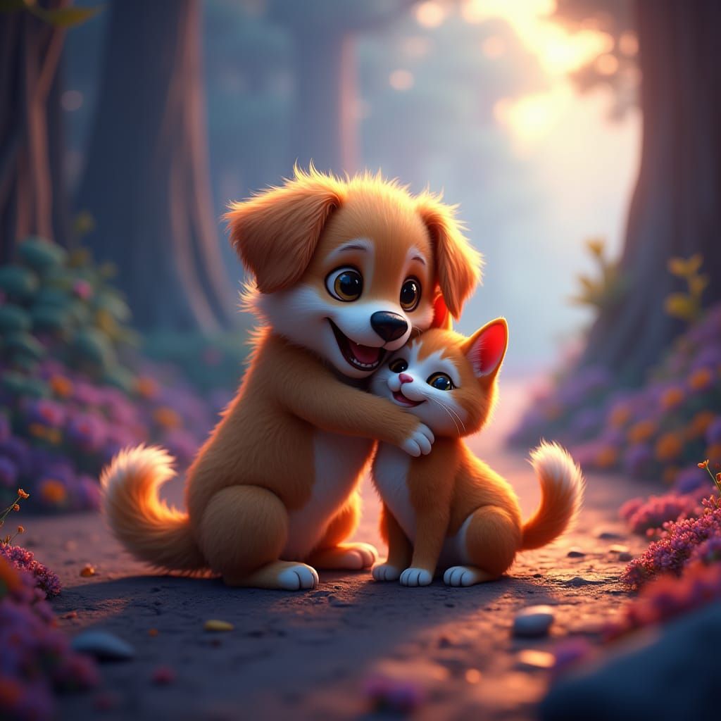 Dog Embracing Cat in Fantasy Artscape
