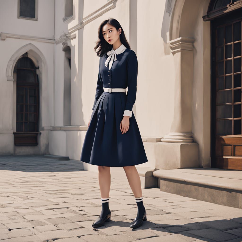 Japanese Schoolgirl in Stylish Uniform with Unique Blouse