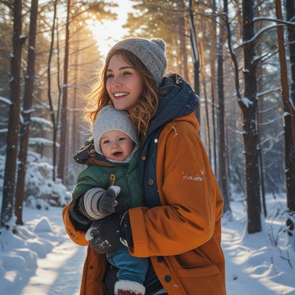 Young Mother Runs Through Snowy Forest with Baby in Arms