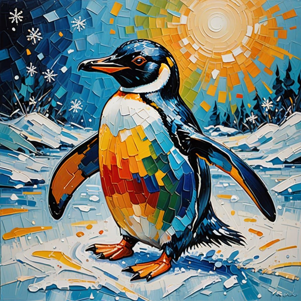 Vibrant Penguin in Whimsical Impasto Oil Painting