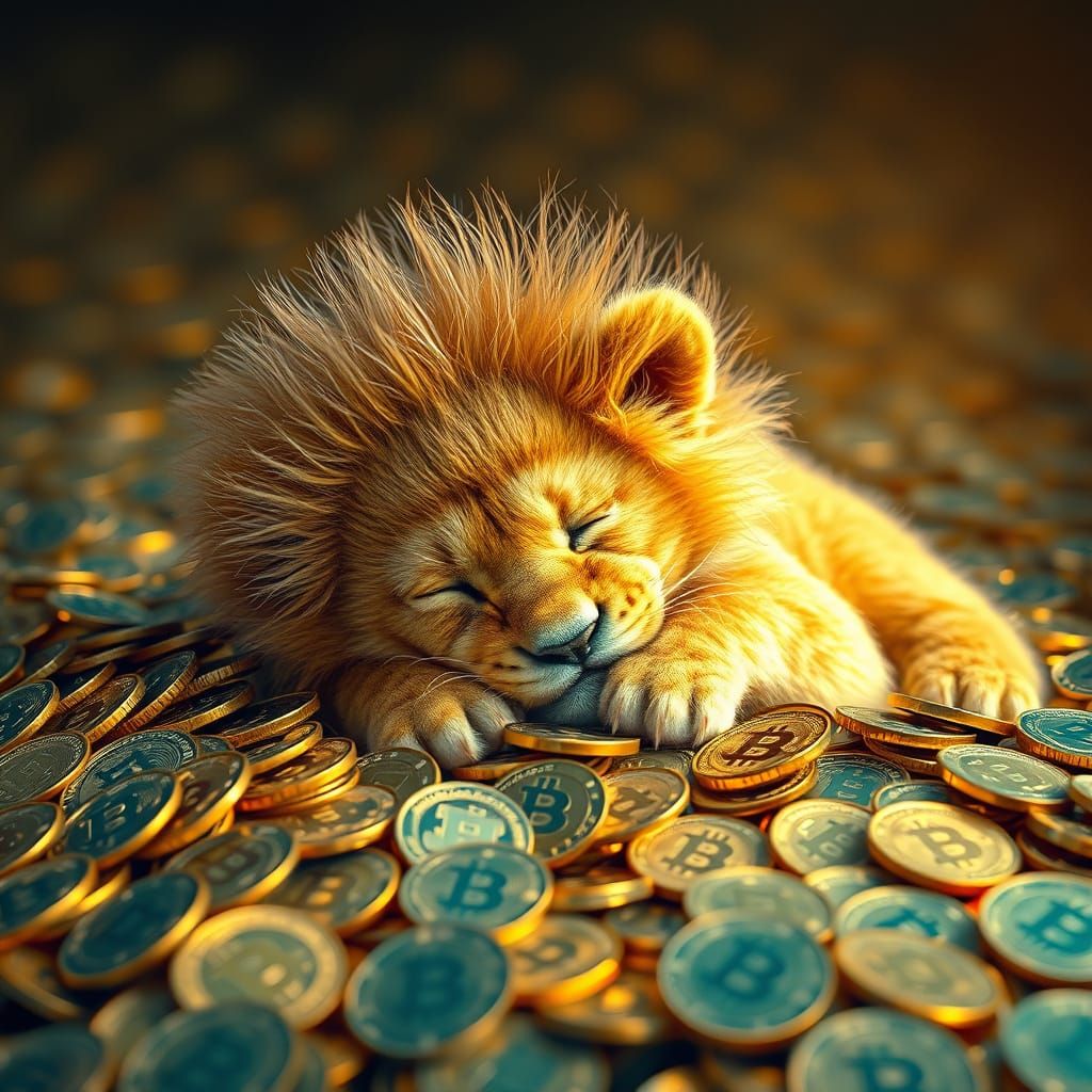 Golden Lion Slumbers Amidst Digital Treasure