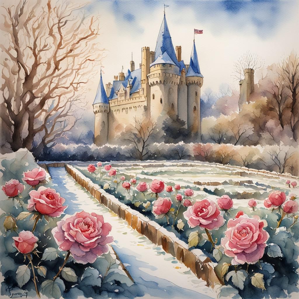 Icy Rose Garden Castle: Watercolor Children's Illustration