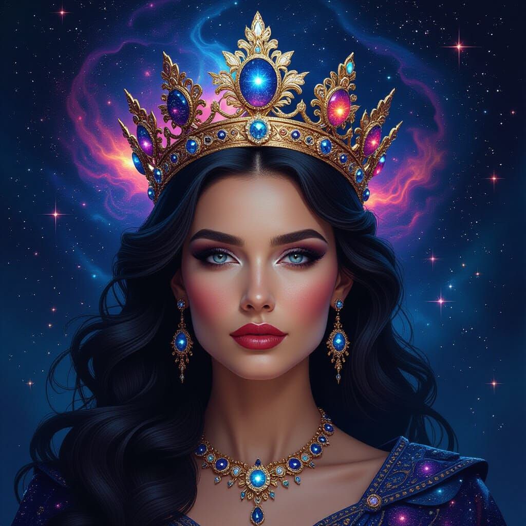 Ancient Queen's Cosmic Crown in Epic Fantasy Style