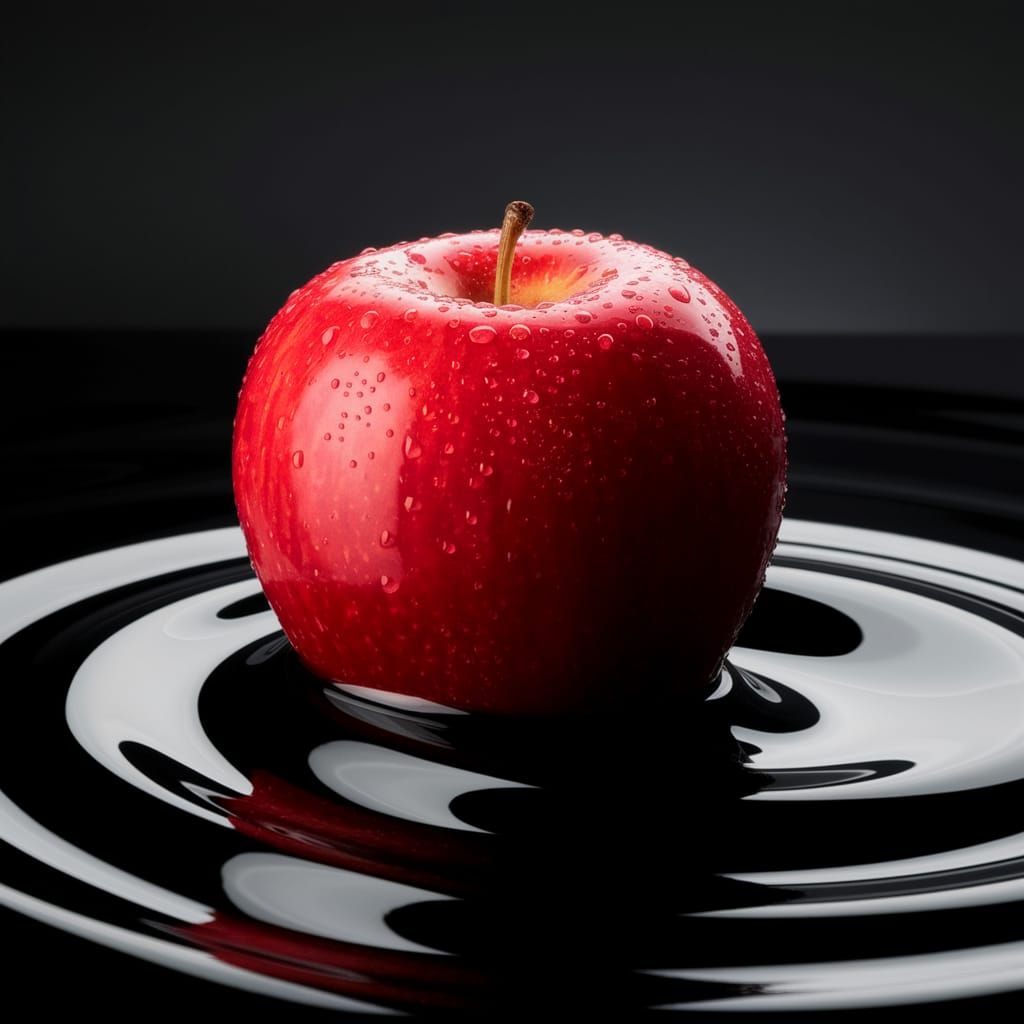 Vibrant Red Apple on Dark Liquid Surface