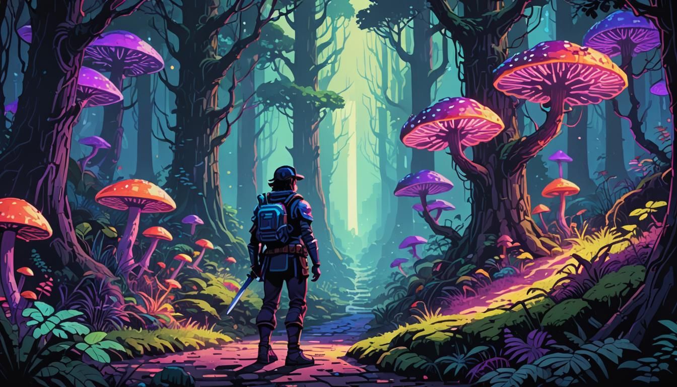 Retrowave Pixel Art: Adventurer in Neon Forest