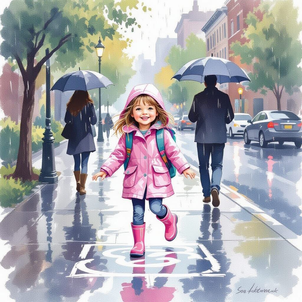 Girl's Rainy Day Hopscotch Game in Watercolor