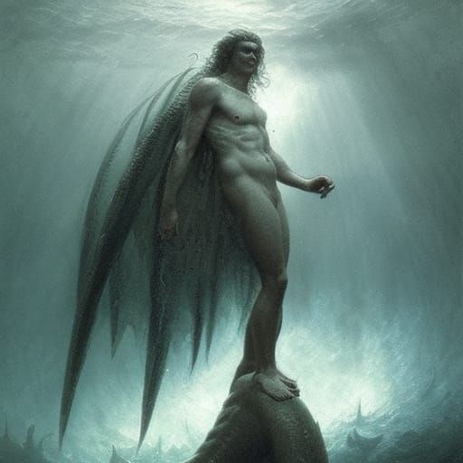 Horrifying Merman in Gothic Engraving Style