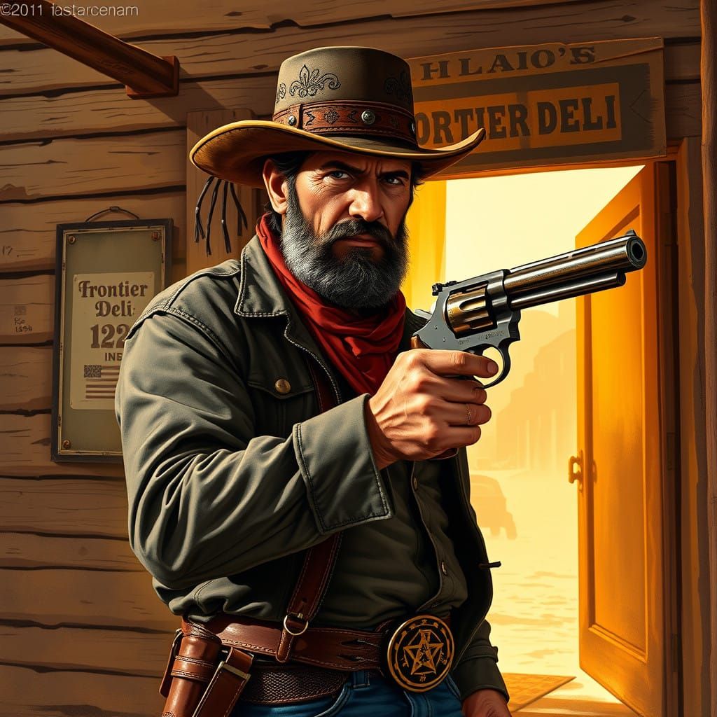 Confident Jewish Gunfighter Outside Frontier Deli