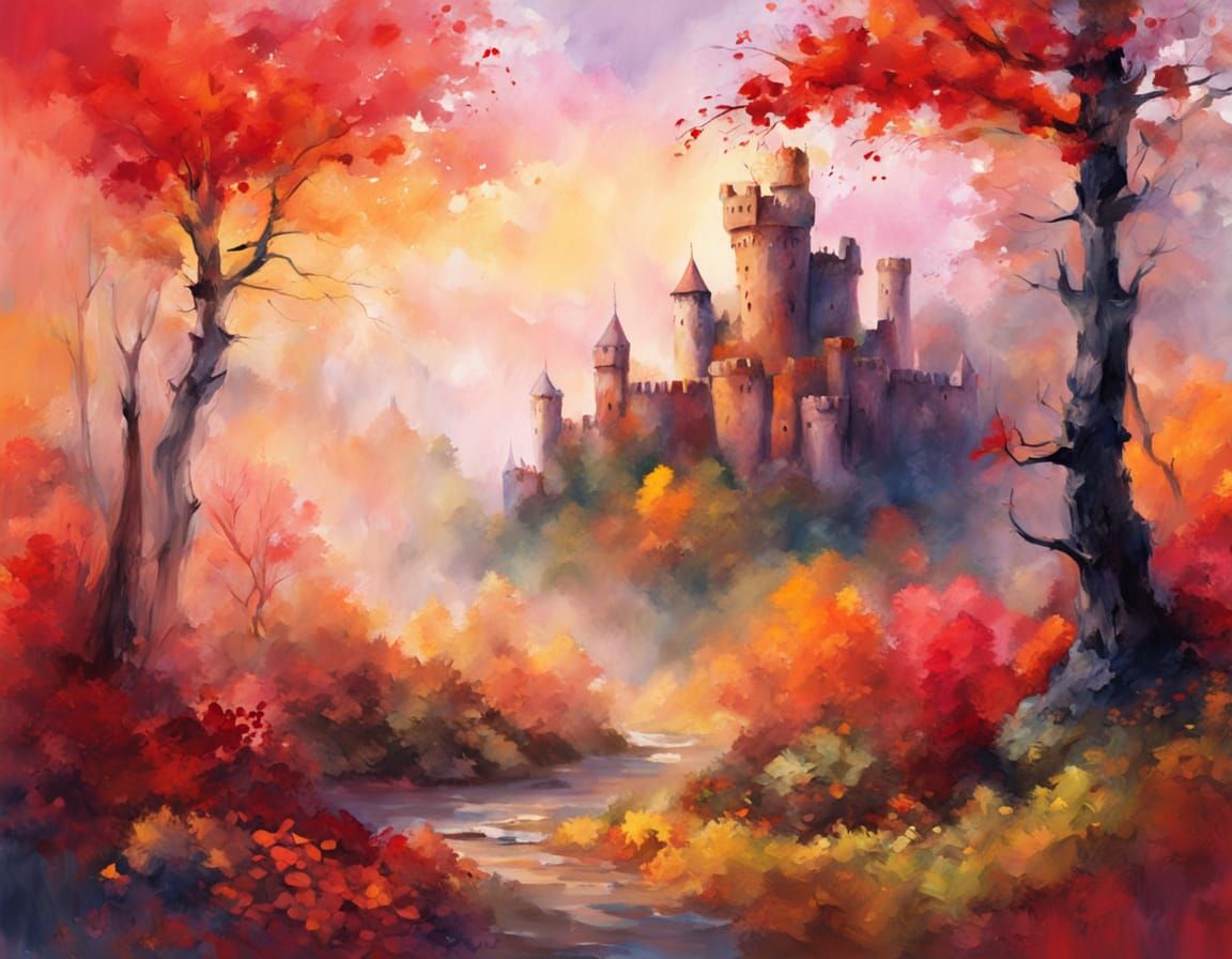 Watercolor Fantasy Castle in Autumn Landscape