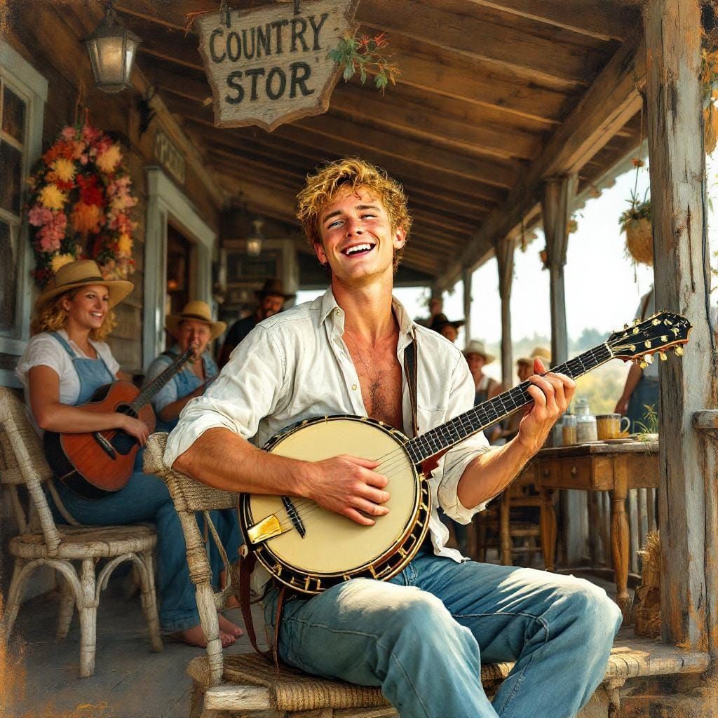 Banjo Player Performing on a Country Store Porch