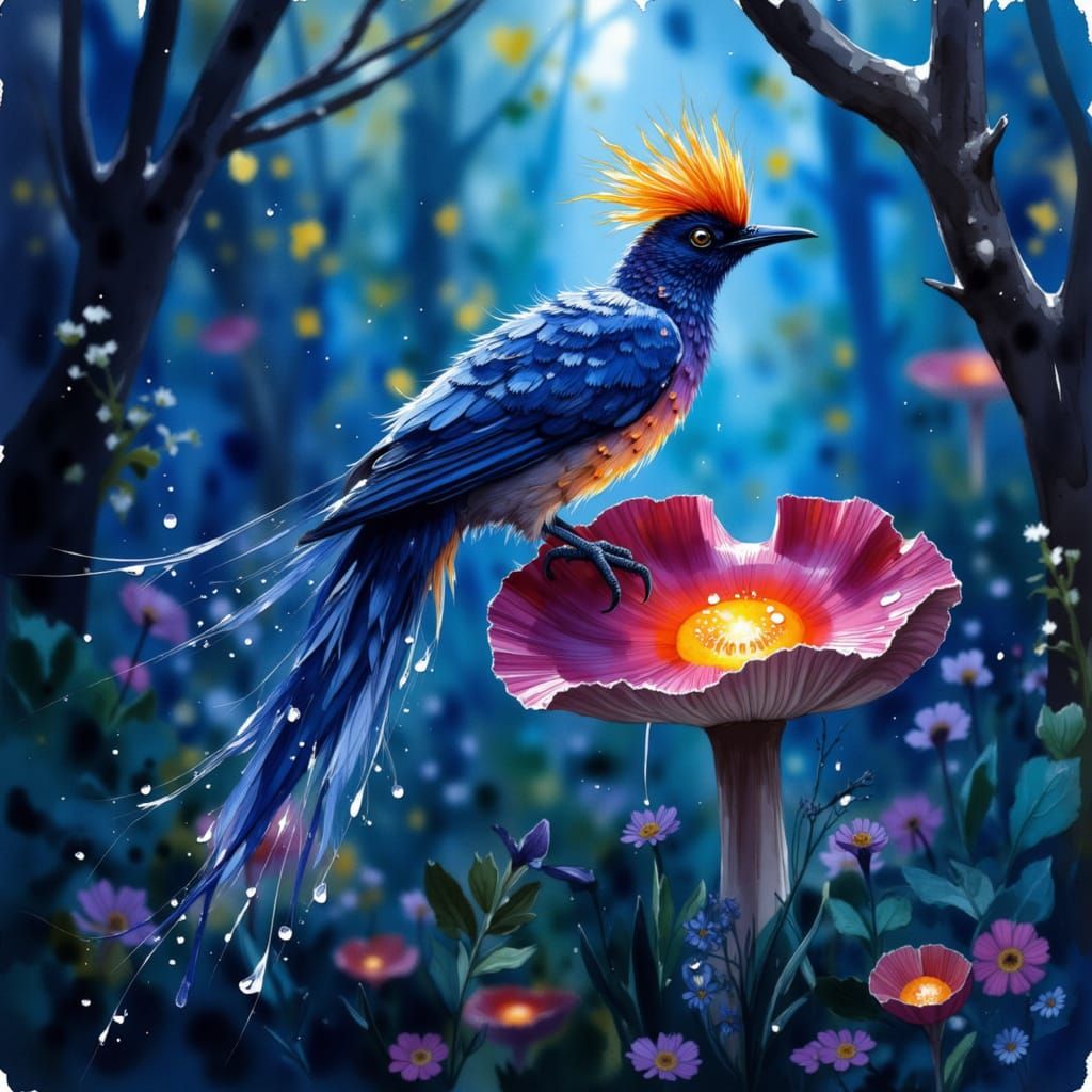 Bird of Paradise with Gossamer Feathers on Bioluminescent Mu...