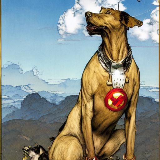 Art by Norman Rockwell and Yoshitaka Amano, loyal dog in superhero armor, standing proudly atop a hill, cape billowing i...