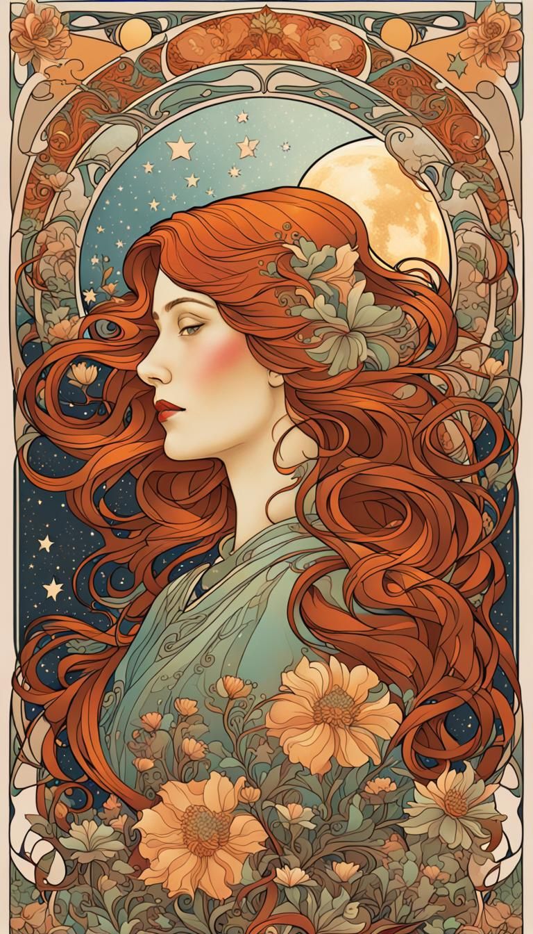 Art Nouveau Woman with Flowing Hair and Cosmic Border