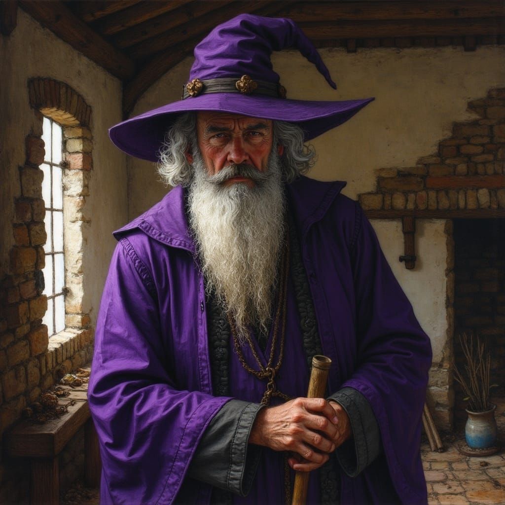 Wizard in Purple Jacket in Rustic Hall