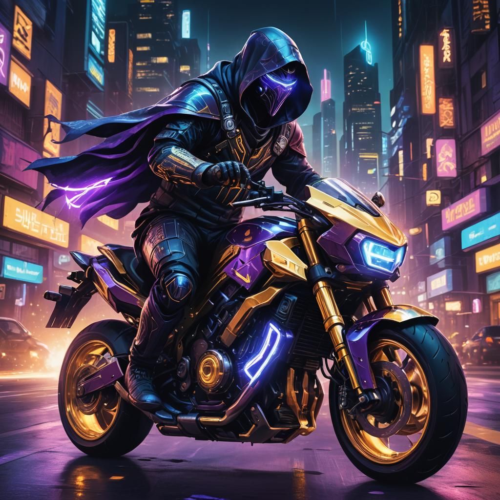 Cyberpunk Wizard Rides Neon Motorcycle Through Dark City
