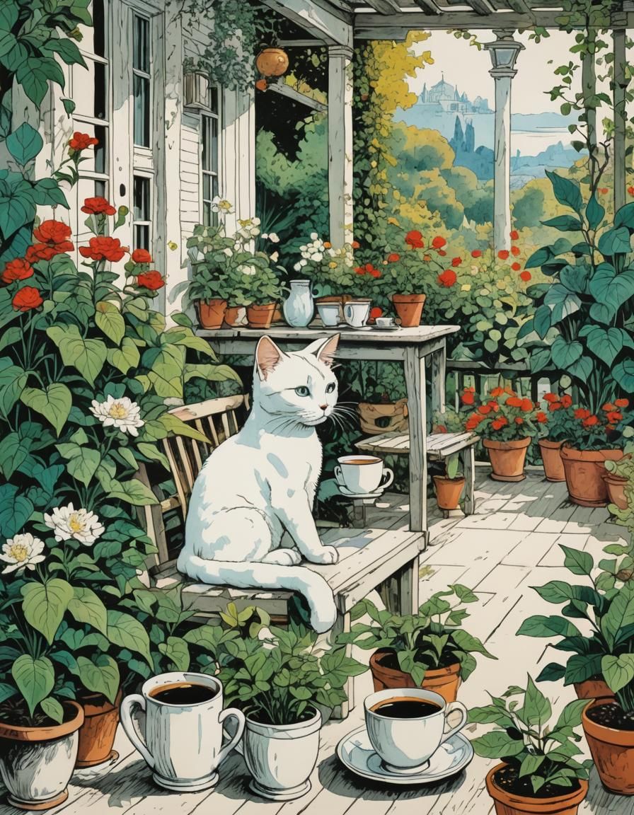 Cat Sipping Coffee: Pen and Ink Veranda Scene
