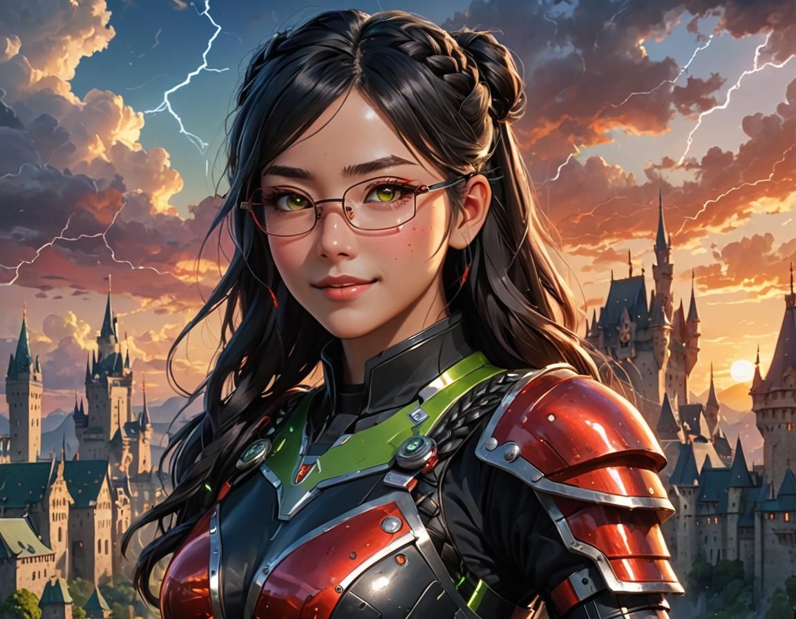 Futuristic Castle with Android Woman in Anime Style